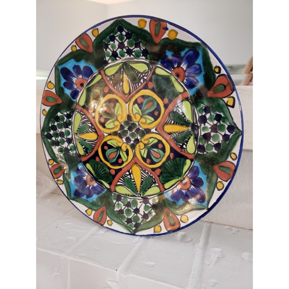 Vintage Talavera Mexican Pottery Hand-Painted Signed Floral 11.5" Platter Plate